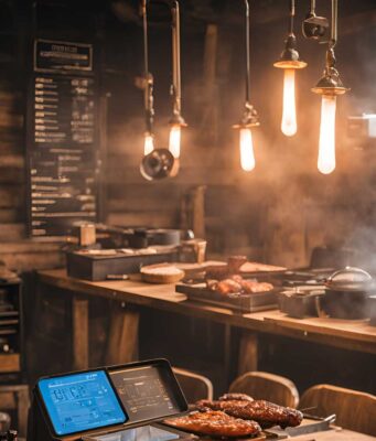 Rustic wooden table with various BBQ temperature controllers. Smoker in background. Comparison chart visible. Educational, high-tech tone.