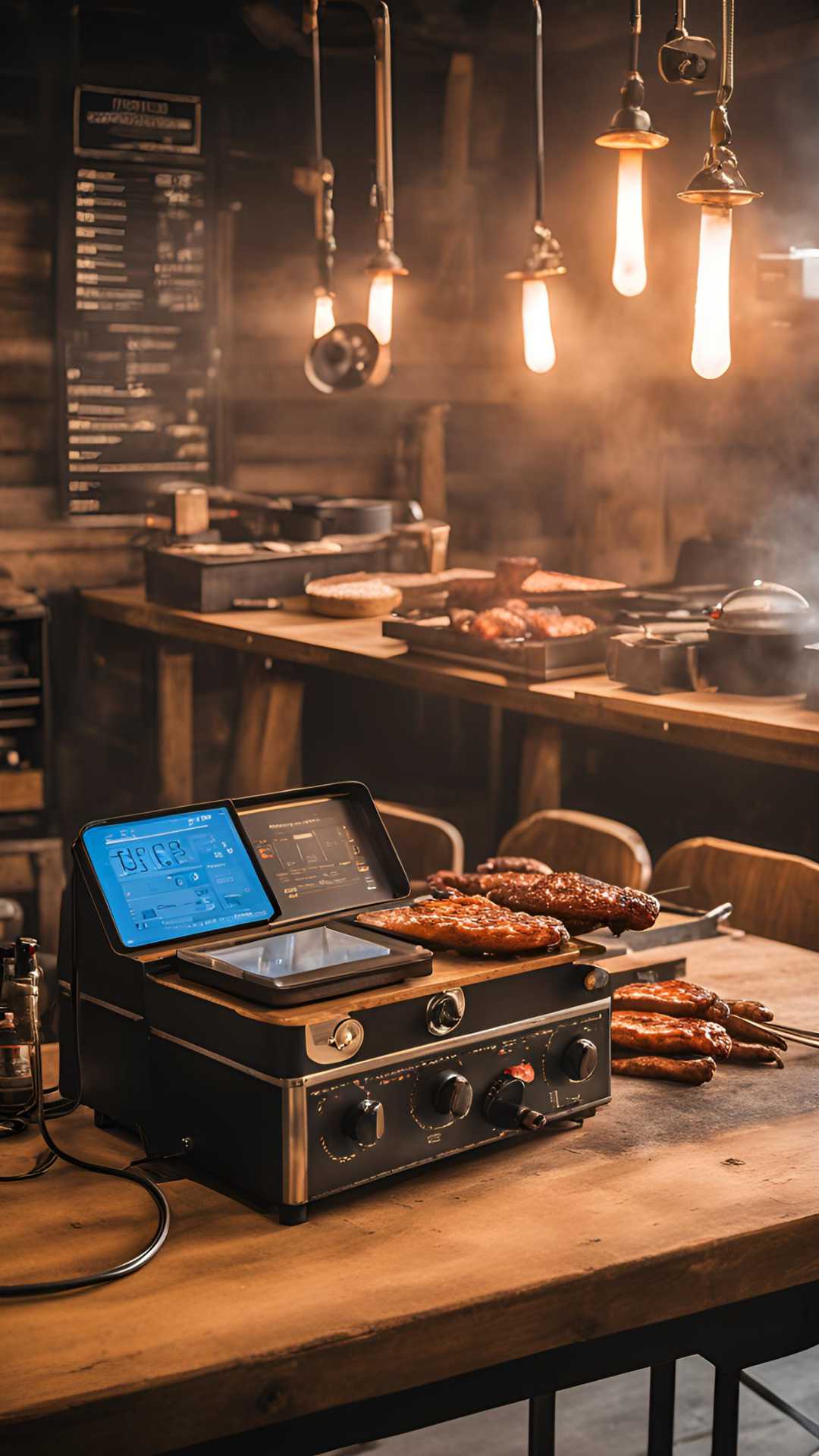 Rustic wooden table with various BBQ temperature controllers. Smoker in background. Comparison chart visible. Educational, high-tech tone.